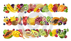 Tropical and exotic seasonal fruits, forest berries background