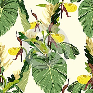 Tropical exotic tender lovely flowers garden orchid yellow, palm leaves green floral summer seamless pattern illustration.