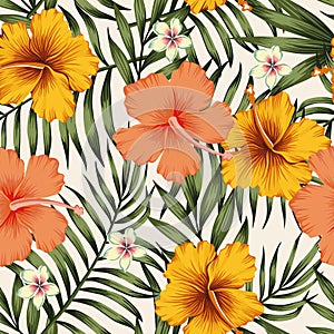 Hibiscus pink yellow palm leaves green seamless pattern