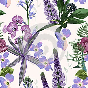 Tropical exotic violet flowers and plants with green leaves on a beige background. Seamless pattern.