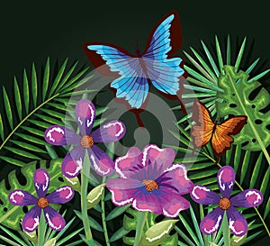 Tropical and exotics flowers with butterflies