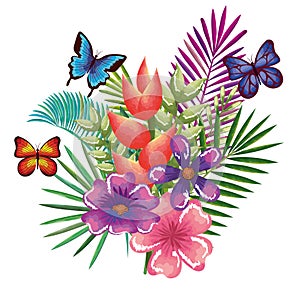 Tropical and exotics flowers with butterflies