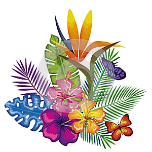 Tropical and exotics flowers with butterflies