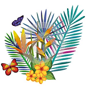 Tropical and exotics flowers with butterflies