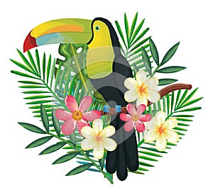 Tropical and exotics flowers with toucan