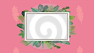 Tropical exotics leafs ecology animation in square frame pink color background