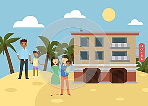 Tropical family hotel banner vector illustration. Summer beach vacation concept on seaside, holiday. Mother hugging