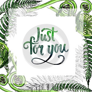 Tropical fern leaves frame in a watercolor style.