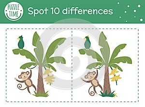 Tropical find differences game for children. Summer tropic preschool activity with monkey hanging on liana on banana tree. Puzzle