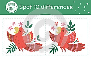 Tropical find differences game for children. Summer tropic preschool activity with singing parrot. Puzzle with cute funny smiling