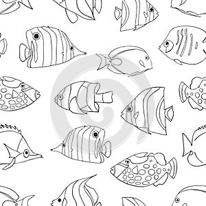 Tropical fish black on white seamless vector pattern. Swimming Butterflyfish, Clown Triggerfish, Damsel, Anemonefish, Angelfish,