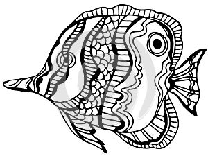 Tropical fish coloring page. Anti-stress coloring for adult and children. Black and white. Underwater world. Vector illustration.