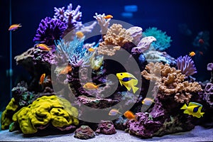 Tropical fish living in aquarium with exotic seaweed. Generative AI