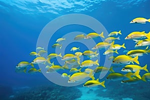 tropical fish school swimming in clear blue water