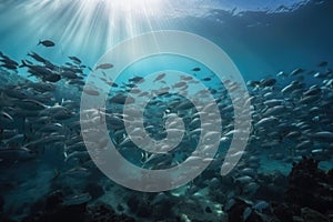 tropical fish school swimming in clear ocean waters