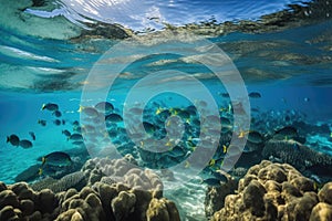 tropical fish school swimming in clear and pristine reef