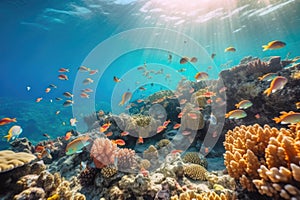 tropical fish school swimming among colorful coral reef