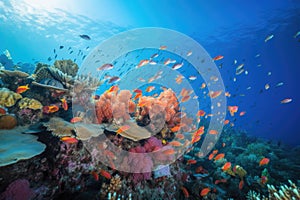 tropical fish school swimming among colorful coral reef