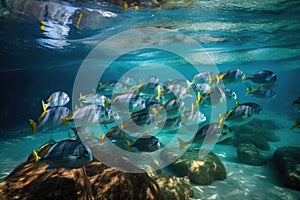 tropical fish school swimming in crystal-clear water