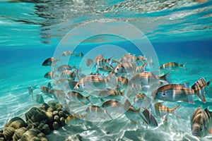 tropical fish school swimming in crystal-clear water