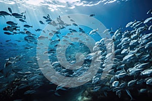 tropical fish school swimming in open water, with schools of other marine life visible