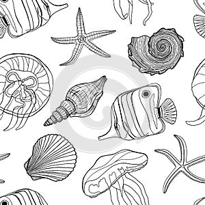 Tropical fish, seashell and starfish vector seamless pattern. Hand drawn underwater illustration. Copperband butterflyfish on blue