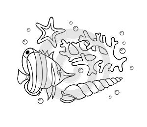 Tropical fish with a starfish, a seashell and a coral. Vector coloring page.