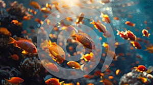 Tropical Fish Swimming in Sunlit Coral Reef