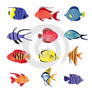 Tropical fish vector set. Coral reef watercolor collection of colorful sea fish