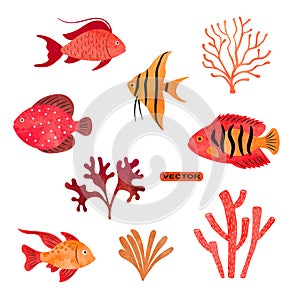 Tropical fish vector set. Coral reef watercolor collection of sea fish, seaweeds and corals
