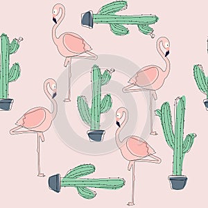 Tropical Flamingo Bird and Cactus Background.