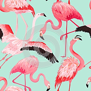 Tropical Flamingo seamless vector summer pattern. Exotic Pink Bird background for wallpapers, web page, texture, textile