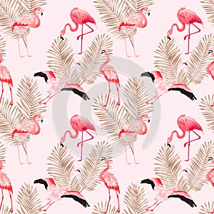 Tropical Flamingo seamless vector summer pattern with golden palm leaves. Bird and Floral background for wallpapers