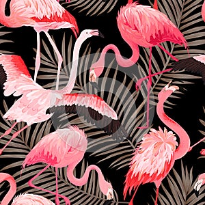 Tropical Flamingo seamless vector summer pattern with Golden Palm Leaves. Bird and Floral background for wallpapers