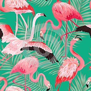 Tropical Flamingo seamless vector summer pattern with Golden Palm Leaves. Bird and Floral background for wallpapers
