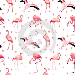 Tropical Flamingo seamless vector summer pattern with hearts. Exotic Pink Bird background for wallpapers, web page