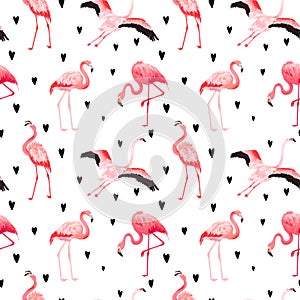 Tropical Flamingo seamless vector summer pattern with hearts. Exotic Pink Bird background for wallpapers, web page