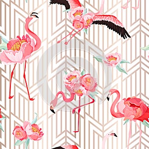Tropical Flamingo seamless vector summer pattern with peony flowers and Art Deco Background. Floral and Bird Graphic