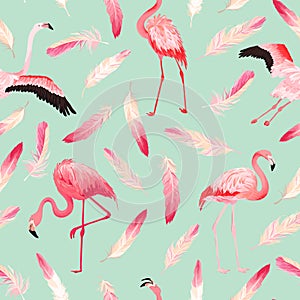 Tropical Flamingo seamless vector summer pattern with pink feathers. Exotic Pink Bird background for wallpapers web page