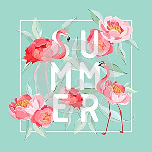 Tropical Flamingo vector summer flyer, banner with peony flowers background. Floral and Bird Graphic for wallpaper, web