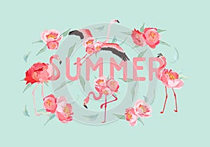 Tropical Flamingo vector summer flyer, banner with peony flowers background. Floral and Bird Graphic for wallpaper, web