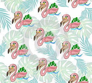 Tropical flamingos.Cute pink flamingo girl on white background, illustration,