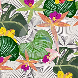 Tropical flora and leaves vector pattern, repeating Monstera leaves, Orchid flower, and Calathea Orbifolia leaves with abstract