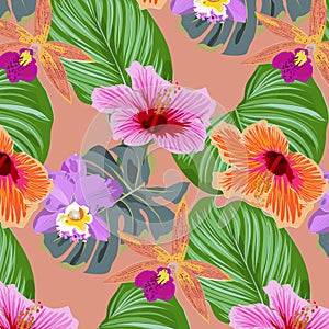 Tropical flora and leaves vector pattern, repeating Monstera leaves, Orchid flower, Hibiscus flower and Calathea Orbifolia leaves