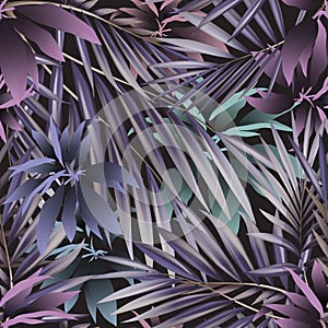 Tropical floral 3d seamless pattern. Colorful tropic plants background. Exotic beautiful orchids flowers, palm leaves in violet