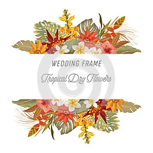 Tropical floral border with palm leaves, tropic flowers. Exotic backdrop decorated with foliage of jungle plants