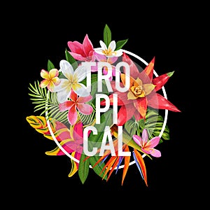 Tropical Floral Design for T-shirt, Fabric Print. Exotic Plumeria Flowers Poster, Background, Banner. Beach Vacation