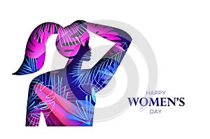 Tropical Floral female silhouette. Dancing woman. Flower palm bouquet. Happy Women's day. Happy Mother's Day