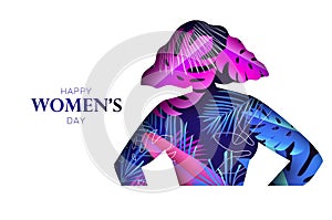 Tropical Floral female silhouette. Dancing woman. Flower palm bouquet. Happy Women's day. Happy Mother's Day