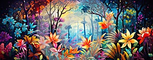 Tropical floral forest watercolor panoramic illustration.